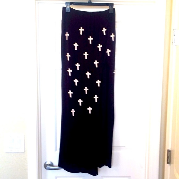 inluv Black Long Skirt, White crosses, side slit M - Picture 1 of 9
